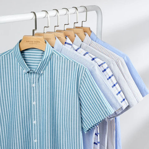 Image of Summer Shirt Men Cotton Solid Color Stripe Plaid Shirt Men Short Sleeve Casual Fitting Oxford Short Sleeve Shirts for Men Causal-FrenzyAfricanFashion.com