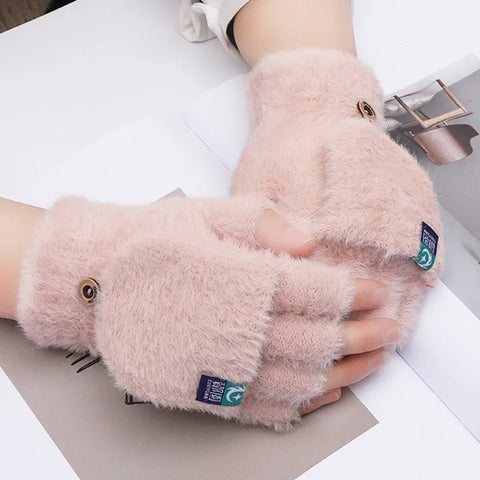 Image of Fashion Women Plush Warm Glove Fur Rabbit Cat Mittens Flip Fingerless Gloves Soft Girls Thick Gloves Flexible Half Finger Winter-FrenzyAfricanFashion.com