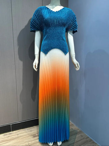 Image of Women Party Pleated 2 Pieces Set Gradient Women Fashion V Neck Short Batwing Sleeves Irregular Hem Long Skirt-FrenzyAfricanFashion.com