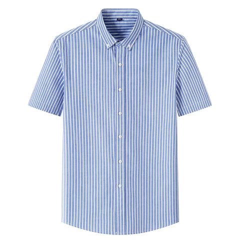 Image of Summer Shirt Men Cotton Solid Color Stripe Plaid Shirt Men Short Sleeve Casual Fitting Oxford Short Sleeve Shirts for Men Causal-FrenzyAfricanFashion.com