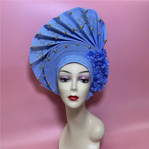 Image of African Nigerian gel headgear with stone bead already made auto turban afro aso ebi gel aso oke wide br im headgear 9L032801-FrenzyAfricanFashion.com