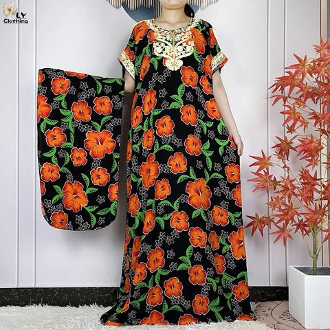 Image of Abaya Cotton Floral Printing Loose Maxi Casual Dress-FrenzyAfricanFashion.com