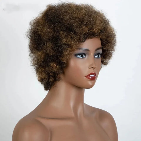 Image of Afro Kinky Curly Highlight Wig Human Hair Ombre Brown-FrenzyAfricanFashion.com