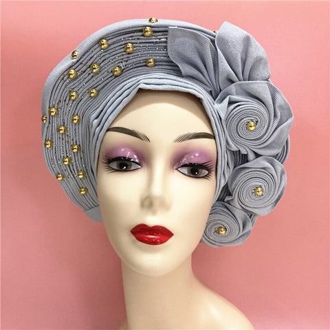 Image of African headtie nigerian gele headties with beads and stones women head wrap sewing fabric for party 1set-FrenzyAfricanFashion.com