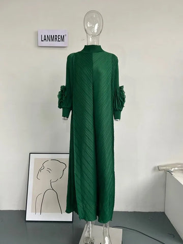 Image of Maxi Pleated Dress Round Neck Spliced Full Sleeve Dresses For Women-FrenzyAfricanFashion.com