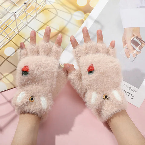 Image of Fashion Women Plush Warm Glove Fur Rabbit Cat Mittens Flip Fingerless Gloves Soft Girls Thick Gloves Flexible Half Finger Winter-FrenzyAfricanFashion.com