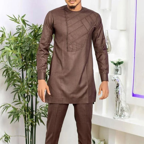 Image of Men's Elegant Long Sleeve Suit Shirt Pants 2-piece Solid Color Party Long Sleeve African Ethnic Style-FrenzyAfricanFashion.com