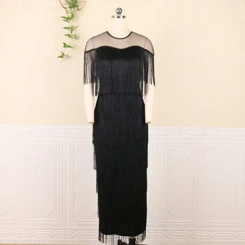 Image of 2024 Women Fringe Party Dresses Elegant Net Shoulder Sleeveless Large Size Long Dress for Birthday Dinner Event Wedding Guest-FrenzyAfricanFashion.com
