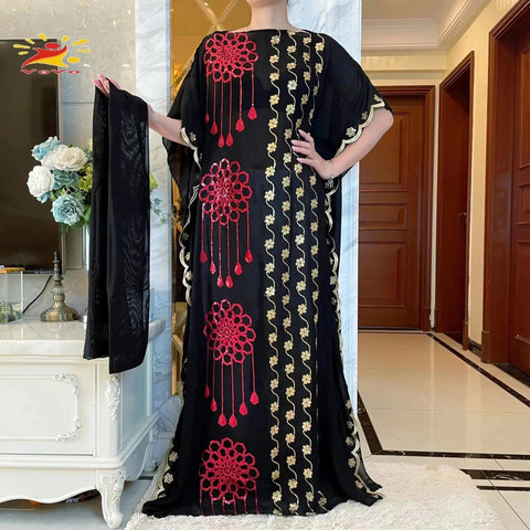 Image of Women Abaya African Embroidery Flower Dress With Scarf-FrenzyAfricanFashion.com