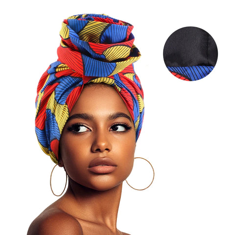 Image of Woman African Satin Lined Turban Cap Big Flower Hat Floral Printed Headwrap Bonnet Muslim Headscarf Ladies Beanies-FrenzyAfricanFashion.com