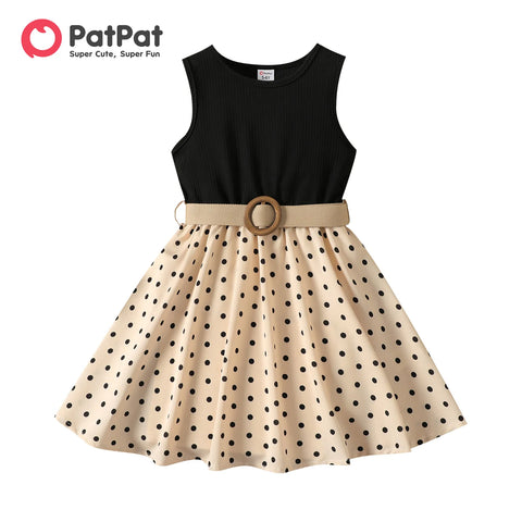Image of PatPat 2pcs Girl Dresses Kids Clothes Girl Polka Dots Ribbed Girls Splice Sleeveless Dress & Belt-FrenzyAfricanFashion.com