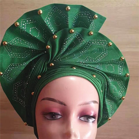 Image of African headtie nigerian gele headties with beads and stones women head wrap sewing fabric for party 1set-FrenzyAfricanFashion.com