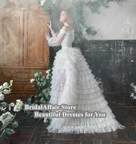 Image of Lace Appliques A Line Ruffles Bridal Dress Full Lace Sleeves-FrenzyAfricanFashion.com