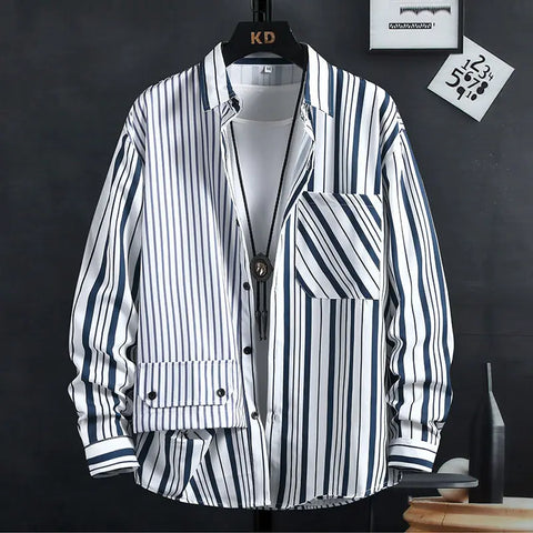 Image of Thin Spring Summer Autumn Men's Clothing Button Turn-down Collar Striped Man Fashion Casual Loose Office Handsome Pockets Shirts-FrenzyAfricanFashion.com