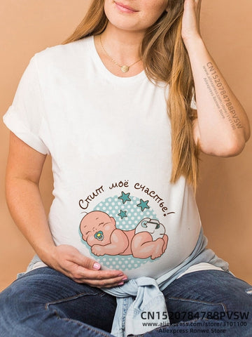 Image of Maternity Clothes Casual Pregnancy T Shirts Baby Print Funny Women Summer Tees Tops White-FrenzyAfricanFashion.com
