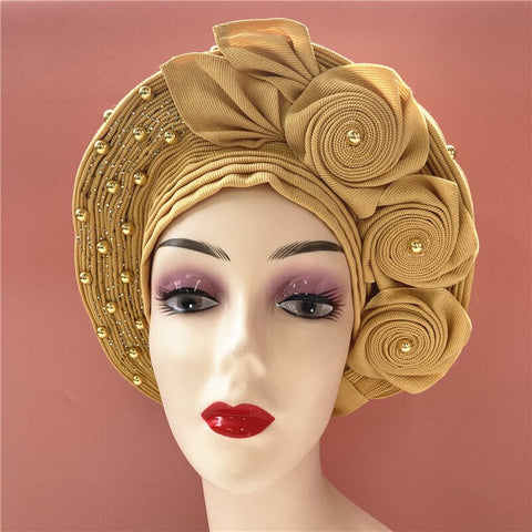 Image of African headtie nigerian gele headties with beads and stones women head wrap sewing fabric for party 1set-FrenzyAfricanFashion.com