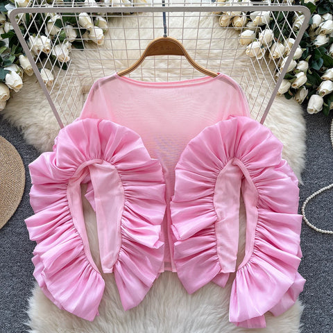 Image of Basics Ruffle Spliced O-neck Vintage Long Sleeves Slim Mesh Top Office Lady Spring Autumn Women T-Shirts-FrenzyAfricanFashion.com