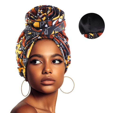 Image of Woman African Satin Lined Turban Cap Big Flower Hat Floral Printed Headwrap Bonnet Muslim Headscarf Ladies Beanies-FrenzyAfricanFashion.com