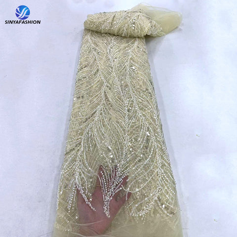 Image of Orange Sequins Pearls Beads French Tulle Mesh Net Embroidery Beaded Lace Fabric Bridal-FrenzyAfricanFashion.com