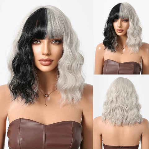 Image of Short Wavy Synthetic Bob Wigs Dark Brown with Highlight Bangs-FrenzyAfricanFashion.com