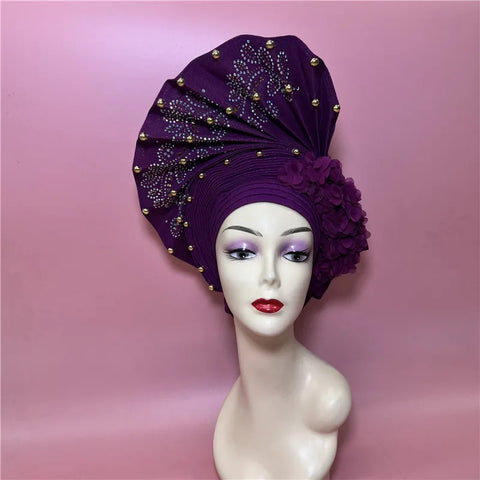 Image of African Nigerian gel headgear with stone bead already made auto turban afro aso ebi gel aso oke wide br im headgear 9L032801-FrenzyAfricanFashion.com