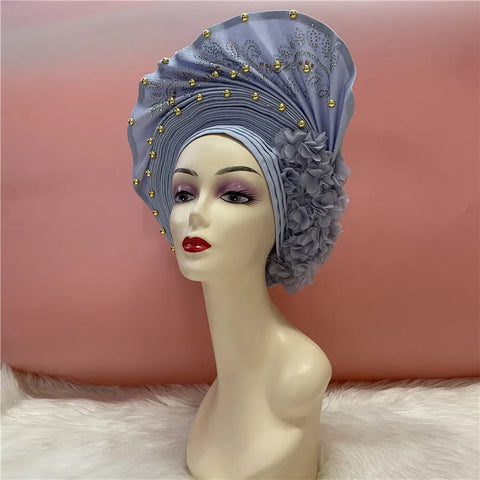 Image of African Nigerian gel headgear with stone bead already made auto turban afro aso ebi gel aso oke wide br im headgear 9L032801-FrenzyAfricanFashion.com
