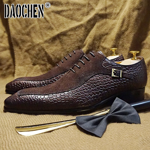 Image of Luxury Men Oxford Shoes Lace up Split Toe Coffee Black Formal Men Dress Shoes Suede Patchwork Crocodile prints Leather Shoes Men-FrenzyAfricanFashion.com