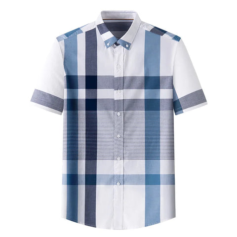 Image of Summer Shirt Men Cotton Solid Color Stripe Plaid Shirt Men Short Sleeve Casual Fitting Oxford Short Sleeve Shirts for Men Causal-FrenzyAfricanFashion.com