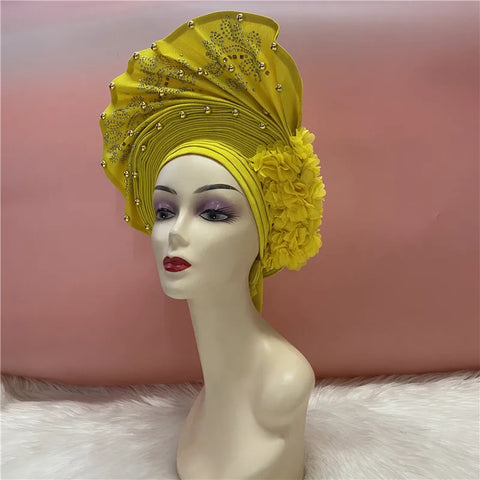 Image of African Nigerian gel headgear with stone bead already made auto turban afro aso ebi gel aso oke wide br im headgear 9L032801-FrenzyAfricanFashion.com