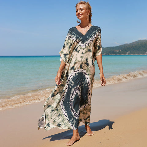 Image of Kaftan Dresses Women Bohemian Maxi Tie Dye Rayon Summer Holiday Bathing Suits-FrenzyAfricanFashion.com