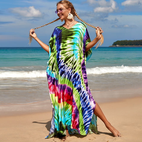 Image of Kaftan Dresses Women Bohemian Maxi Tie Dye Rayon Summer Holiday Bathing Suits-FrenzyAfricanFashion.com