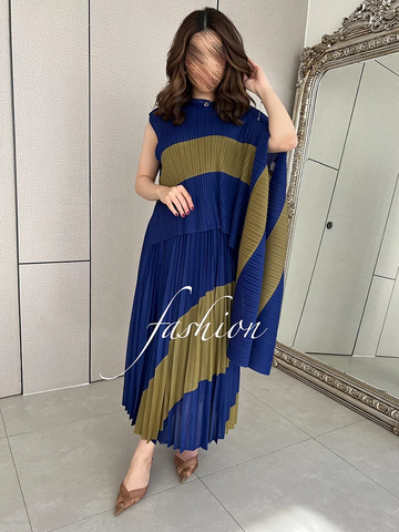 Image of Spring Fashion Pleated Two Piece Set For Women New Irregular Shawl Top + Long Elastic Waist Swing A-line Skirt-FrenzyAfricanFashion.com