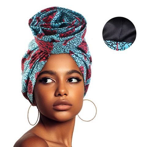 Image of Woman African Satin Lined Turban Cap Big Flower Hat Floral Printed Headwrap Bonnet Muslim Headscarf Ladies Beanies-FrenzyAfricanFashion.com