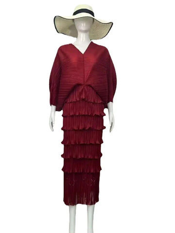 Image of New Maxi Pleated Women V-Neck Batwing Sleeve Evening Party Dresses-FrenzyAfricanFashion.com