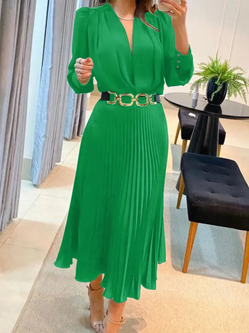Image of Drauuing Black Ankle Length Dresses Women V Neck Long Sleeve Loose Elegant Office Lady Fold Dresses Women Autumn New-FrenzyAfricanFashion.com