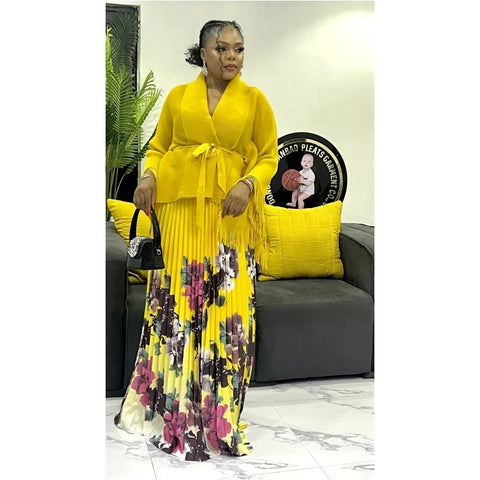 Image of Pleated Women's Suit New Fashion Long Sleeve Lace Up Top + Printed Big Swing Skirt Two Piece Women's Suit-FrenzyAfricanFashion.com