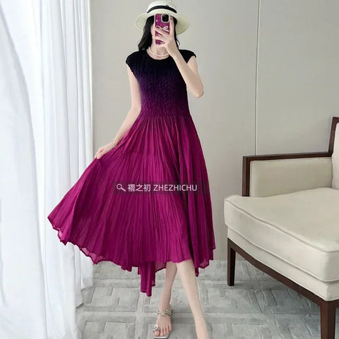 Image of Pleated Dress Spring and Summer Women's Design New Fashion Embroidered Round Neck Sleeveless Waist Waist Skirt-FrenzyAfricanFashion.com