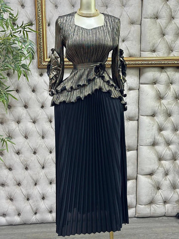 Image of Pleated Set Women Solid Tierred Ruffles Top & Large Size Folds A-line Skirt Two Pieces Sets-FrenzyAfricanFashion.com