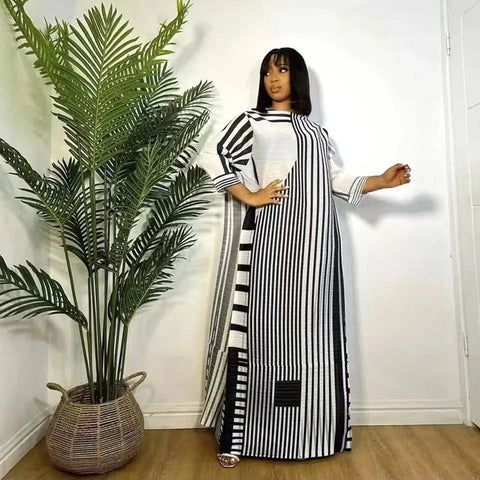 Image of New Miyake Pleated Stripe Print Dress Fashion Relaxed Party Temperament Long Dress Spring Elegant Women's-FrenzyAfricanFashion.com