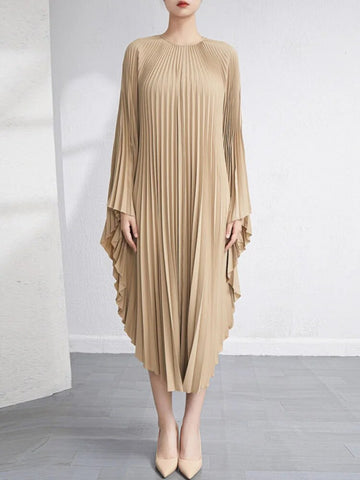 Image of Solid Batwing Sleeve Pleated Dress Loose Irregular Clothing Spring Autumn-FrenzyAfricanFashion.com