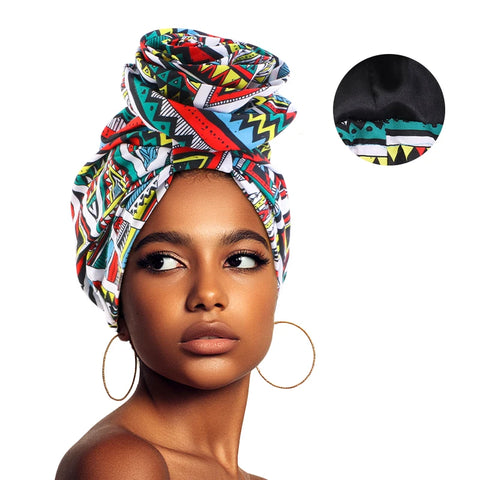 Image of Woman African Satin Lined Turban Cap Big Flower Hat Floral Printed Headwrap Bonnet Muslim Headscarf Ladies Beanies-FrenzyAfricanFashion.com