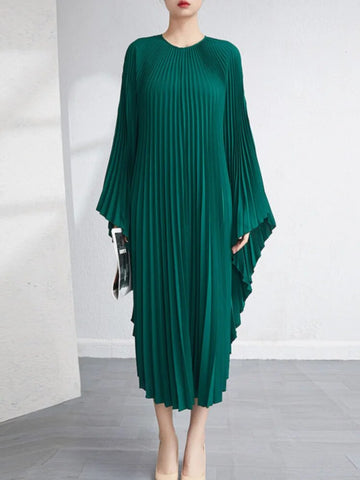 Image of Solid Batwing Sleeve Pleated Dress Loose Irregular Clothing Spring Autumn-FrenzyAfricanFashion.com