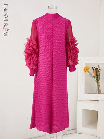 Image of Maxi Pleated Dress Round Neck Spliced Full Sleeve Dresses For Women-FrenzyAfricanFashion.com