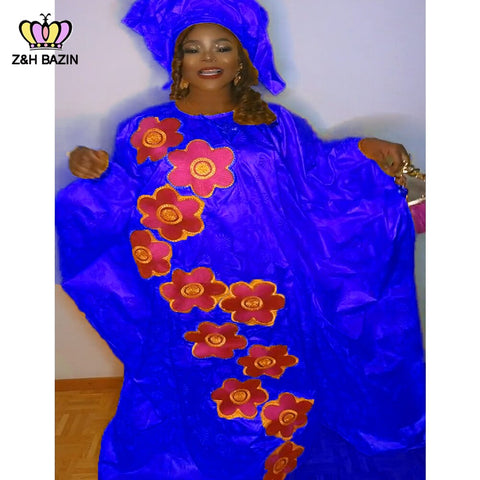 Image of African Dresses For Woman Plus Size Bazin Riche Robe Embroidery With Embroidery Original Basin Floor Long Dresses With Scarf-FrenzyAfricanFashion.com