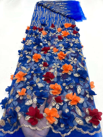 Image of Sequins Applique Fashion 3D Flower Embroidery French Tulle Fabric-FrenzyAfricanFashion.com