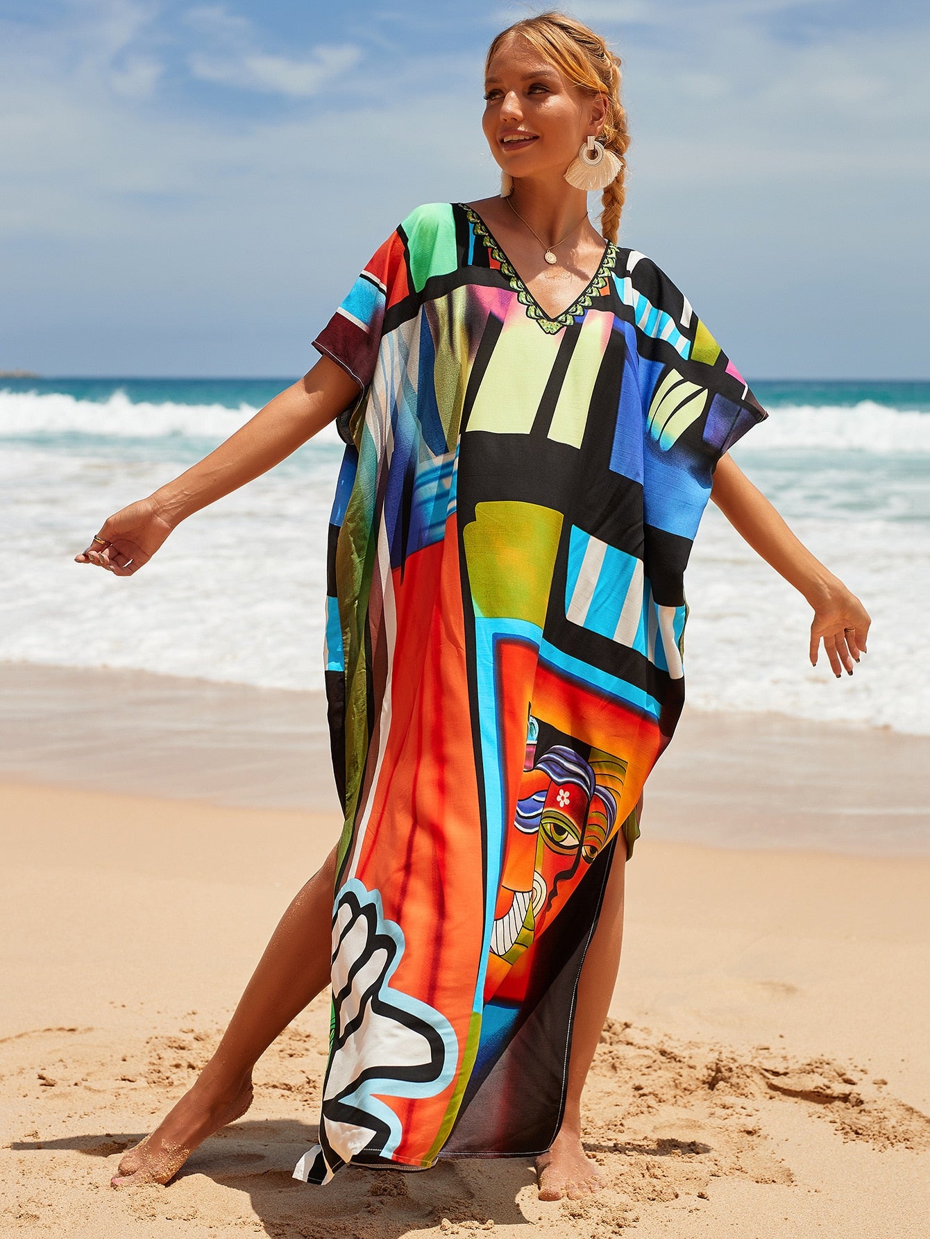 Kaftan Dresses Women Bohemian Maxi Tie Dye Rayon Summer Holiday Bathing Suits-FrenzyAfricanFashion.com