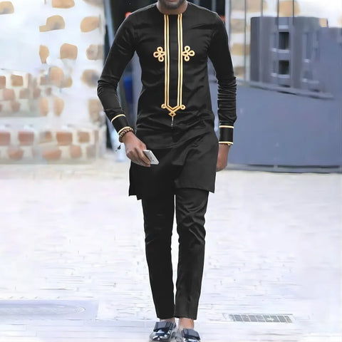 Image of African Men's Printed Top And Trousers Suit Wedding Dress Casual Slim Suit-FrenzyAfricanFashion.com