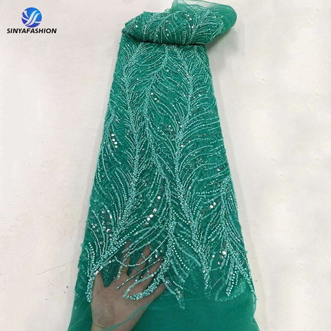 Image of Orange Sequins Pearls Beads French Tulle Mesh Net Embroidery Beaded Lace Fabric Bridal-FrenzyAfricanFashion.com