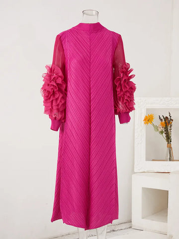 Image of Maxi Pleated Dress Round Neck Spliced Full Sleeve Dresses For Women-FrenzyAfricanFashion.com