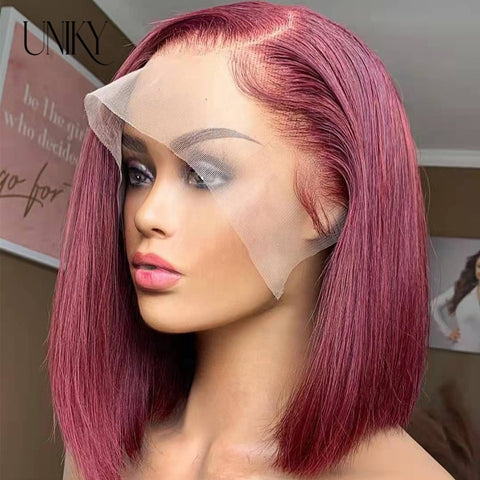 Image of Straight Short Bob Human Hair Wig For Women Blunt Cut Bone Straight Lace Frontal Wigs Burgundy 99J Lace Front Bob Wig Straight-FrenzyAfricanFashion.com